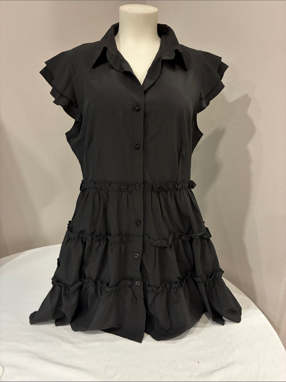 Black Ruffle Tiered Shirt Dress